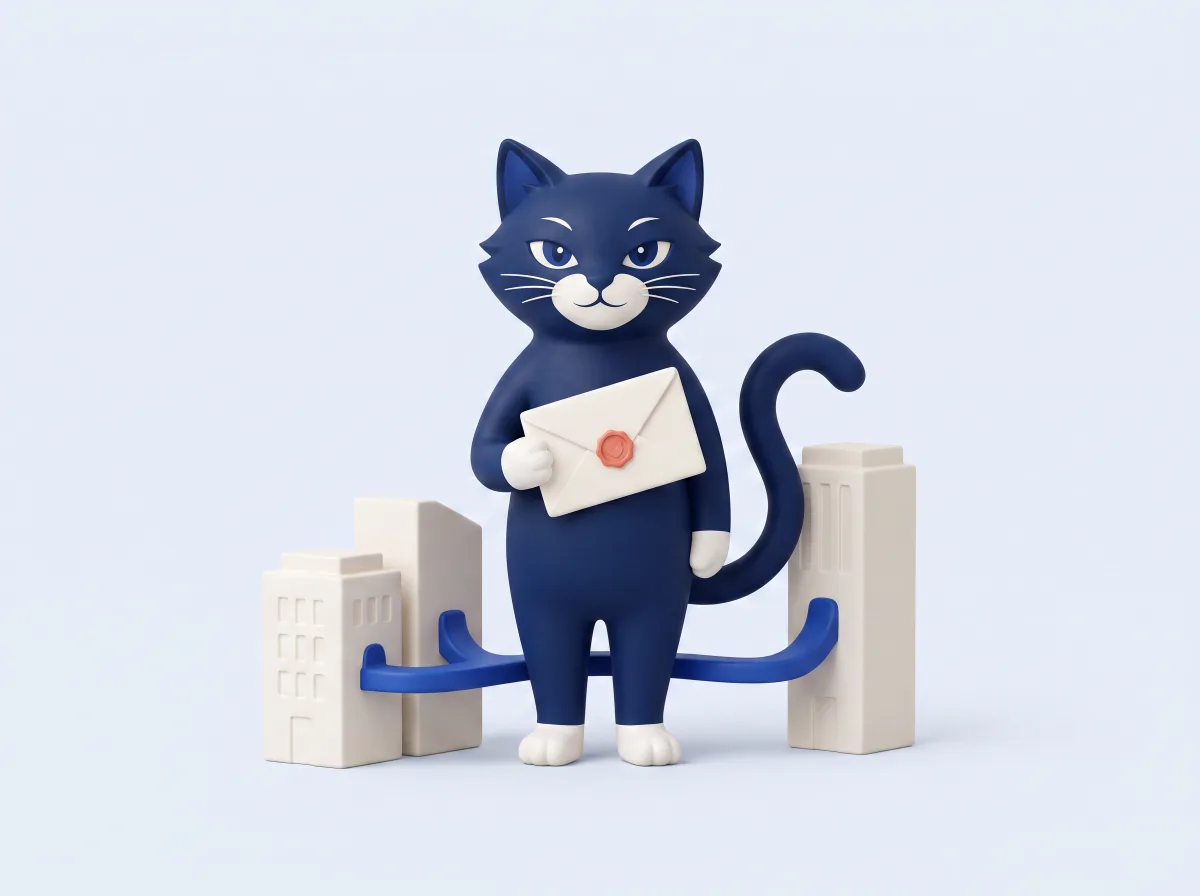 Synk courier cat carrying a sealed envelope between connected businesses