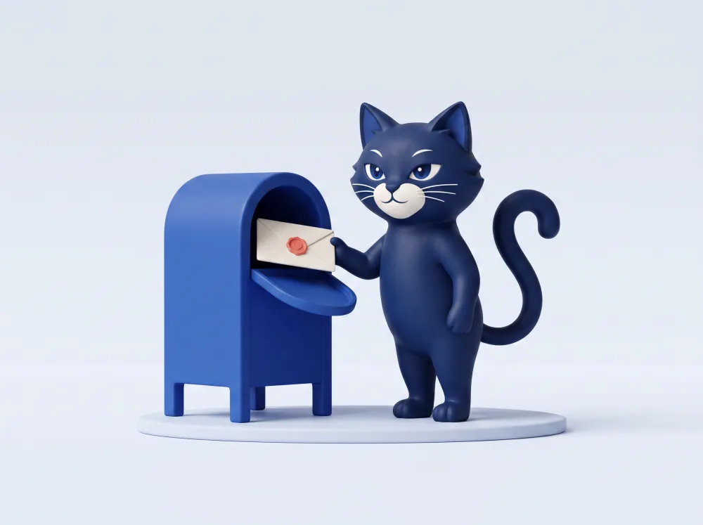 Synk courier cat posting a sealed letter into a blue mailbox